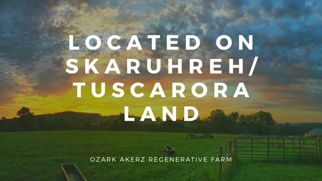 The farm at sunrise with overlayed text - Located on Skaruhreh/Tuscarora Land