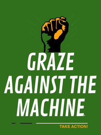 The words Graze Against the Machine are topped with a closed fist. The words Take Action! appear below it