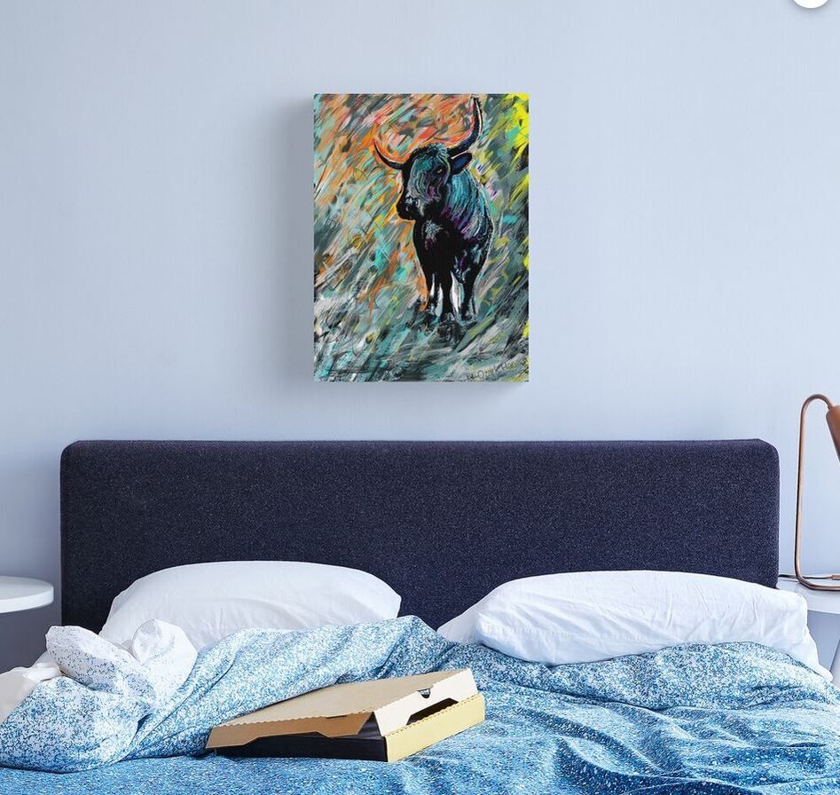 A canvas print of Rocky, Pineywoods Bull Abstract Painting hanging on a wall above a bed