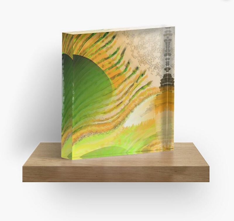 An acrylic block of Feathered Sun Breeze painting sits on a shelf