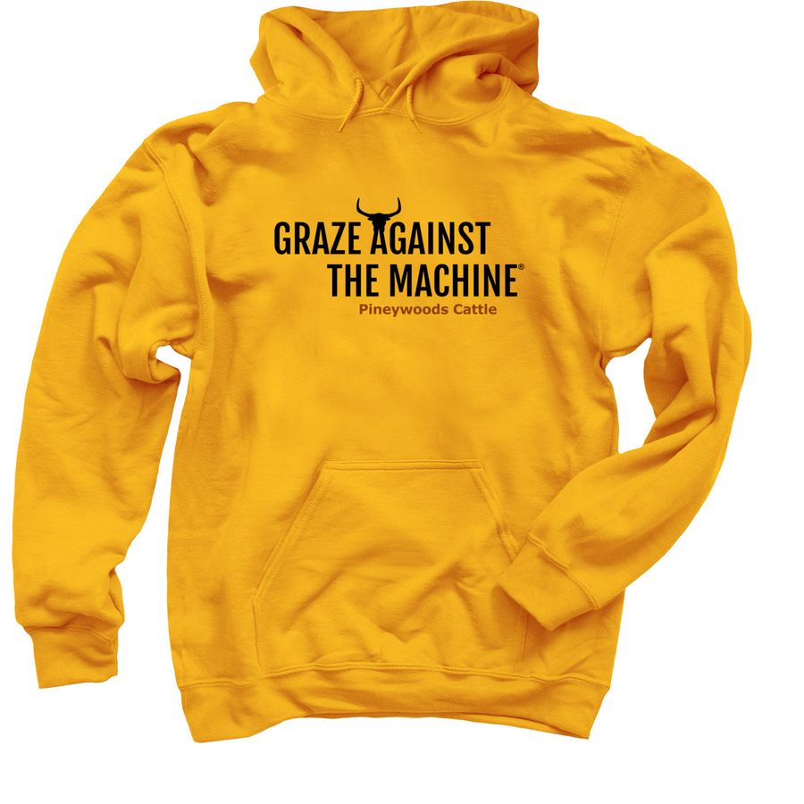 Gold colored hoodie with Graze Against The Machine Logo