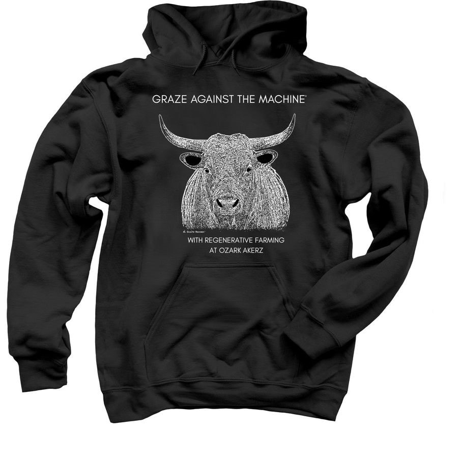 A black hoodie with Graze Against The Machine written above a Pineywoods Cattle Bull