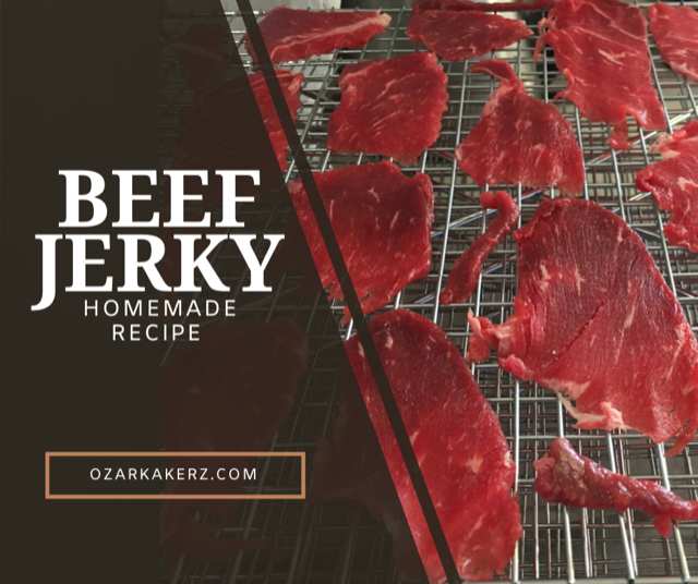 A stainless steel rack of thinly sliced pineywoods beef ready for jerky making overlayed with the text 