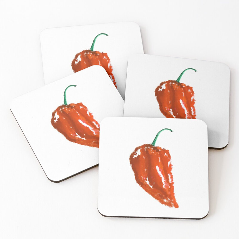Four coaster with a painting of a Habanero pepper