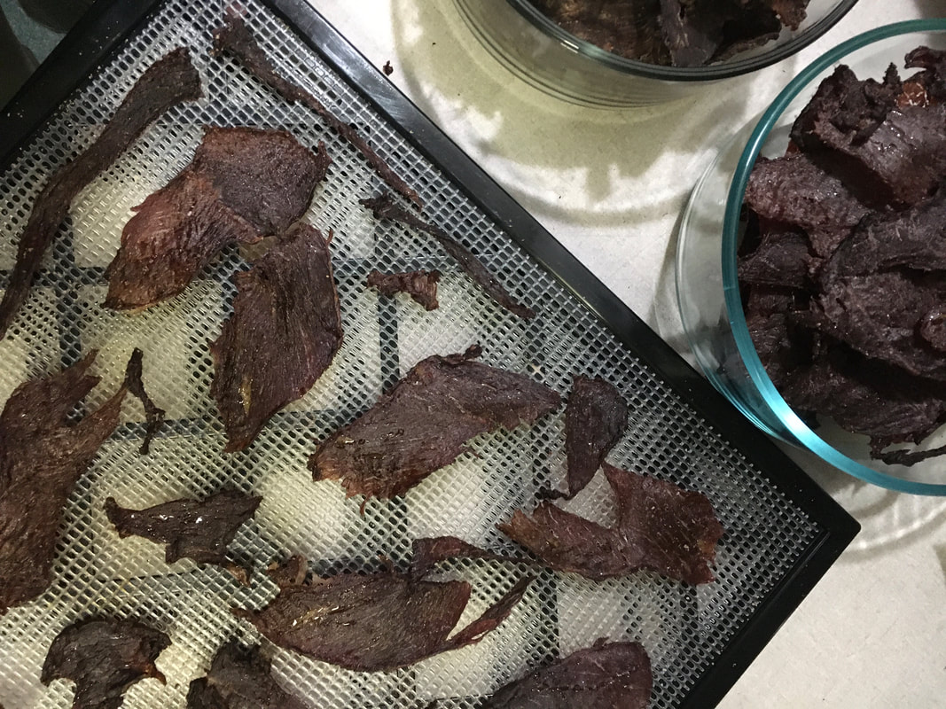 A rack of Pineywoods Beef Jerky sits next to a glass bowl filled with jerky as well