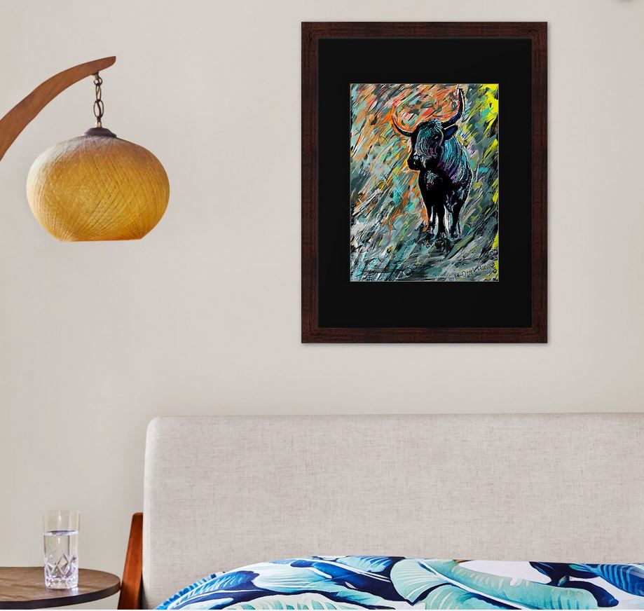 Pineywoods Cattle abstract art hanging on a wall above a bed