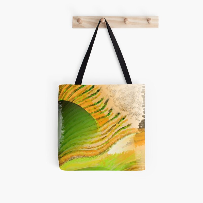 A tote bag with the Feathered Sun Breeze print hangs on a hook on a wall